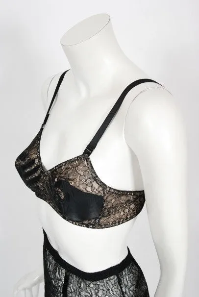 1940's Schiaparelli Inspired 'Hands On' Silk Appliqué Lace Bra & Tap Pants