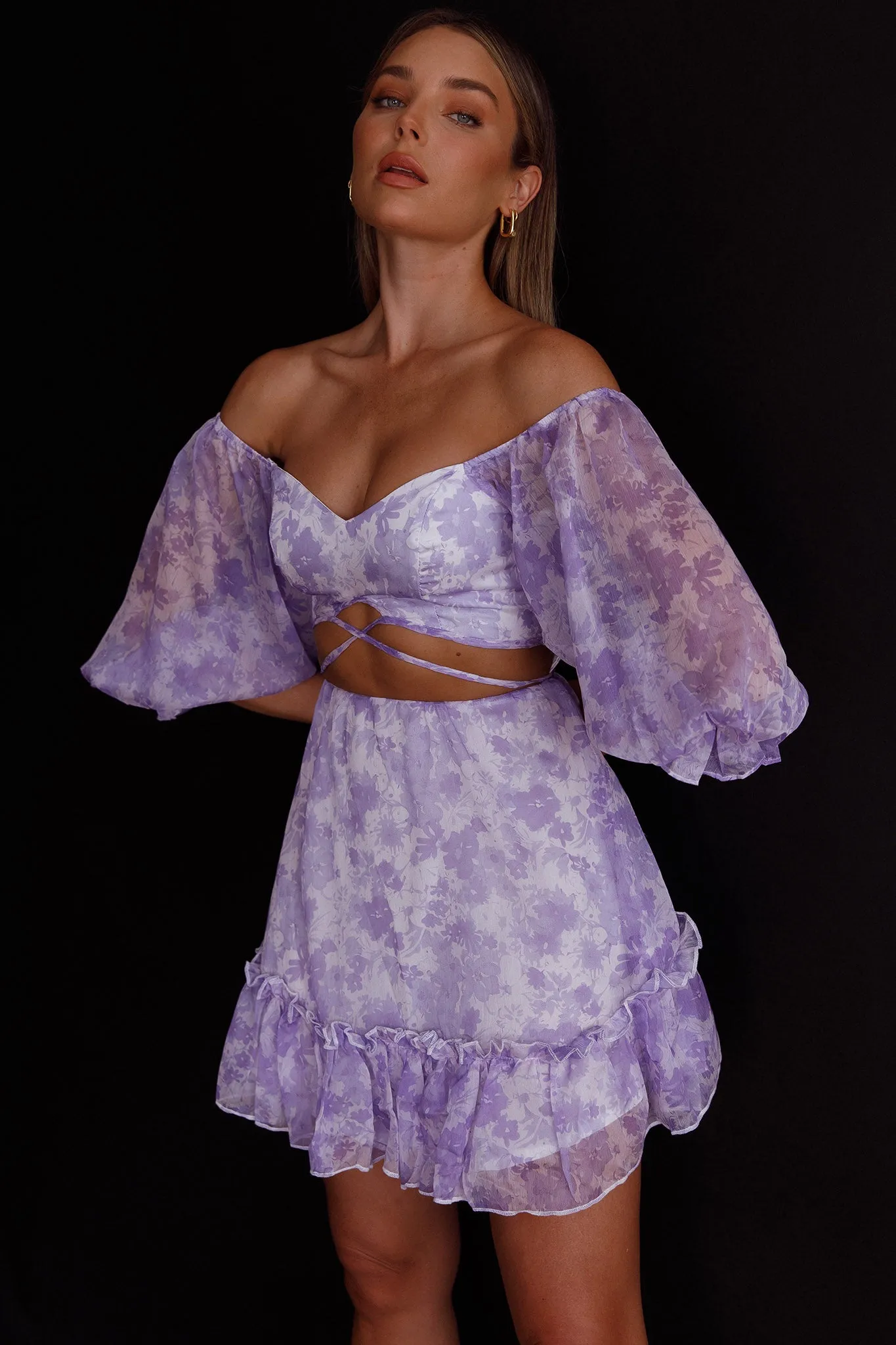 Alethea Puff Sleeve Cut-Out Waist Dress Floral Print Lilac