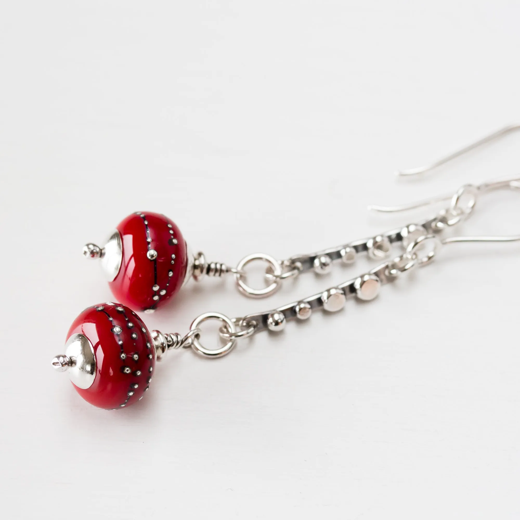 Contemporary Cherry Red Lampwork Earrings, Sterling Silver