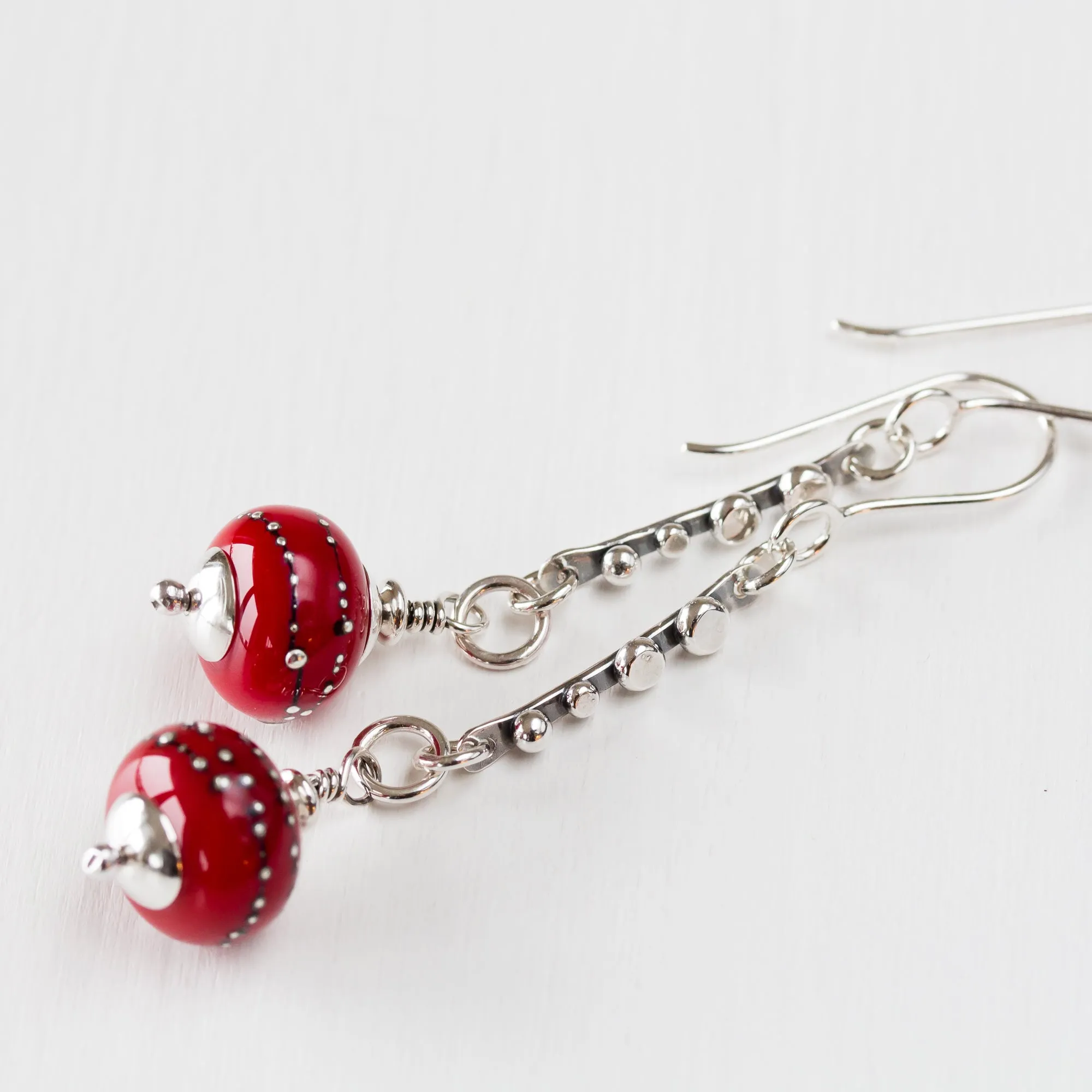 Contemporary Cherry Red Lampwork Earrings, Sterling Silver