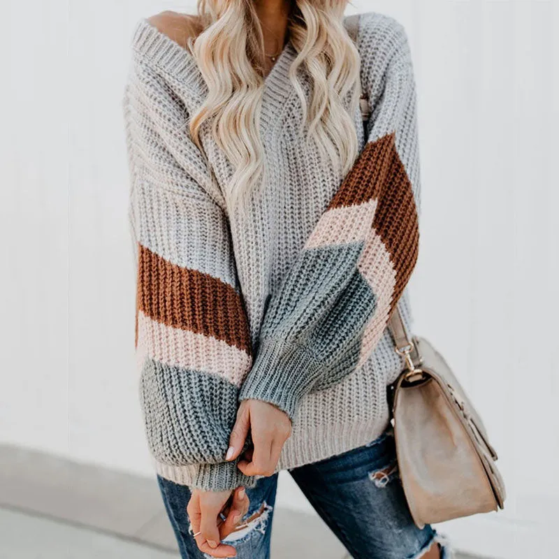 Contrast Grey Striped Sleeve V Neck Brioche Rib Knit Oversized Sweater