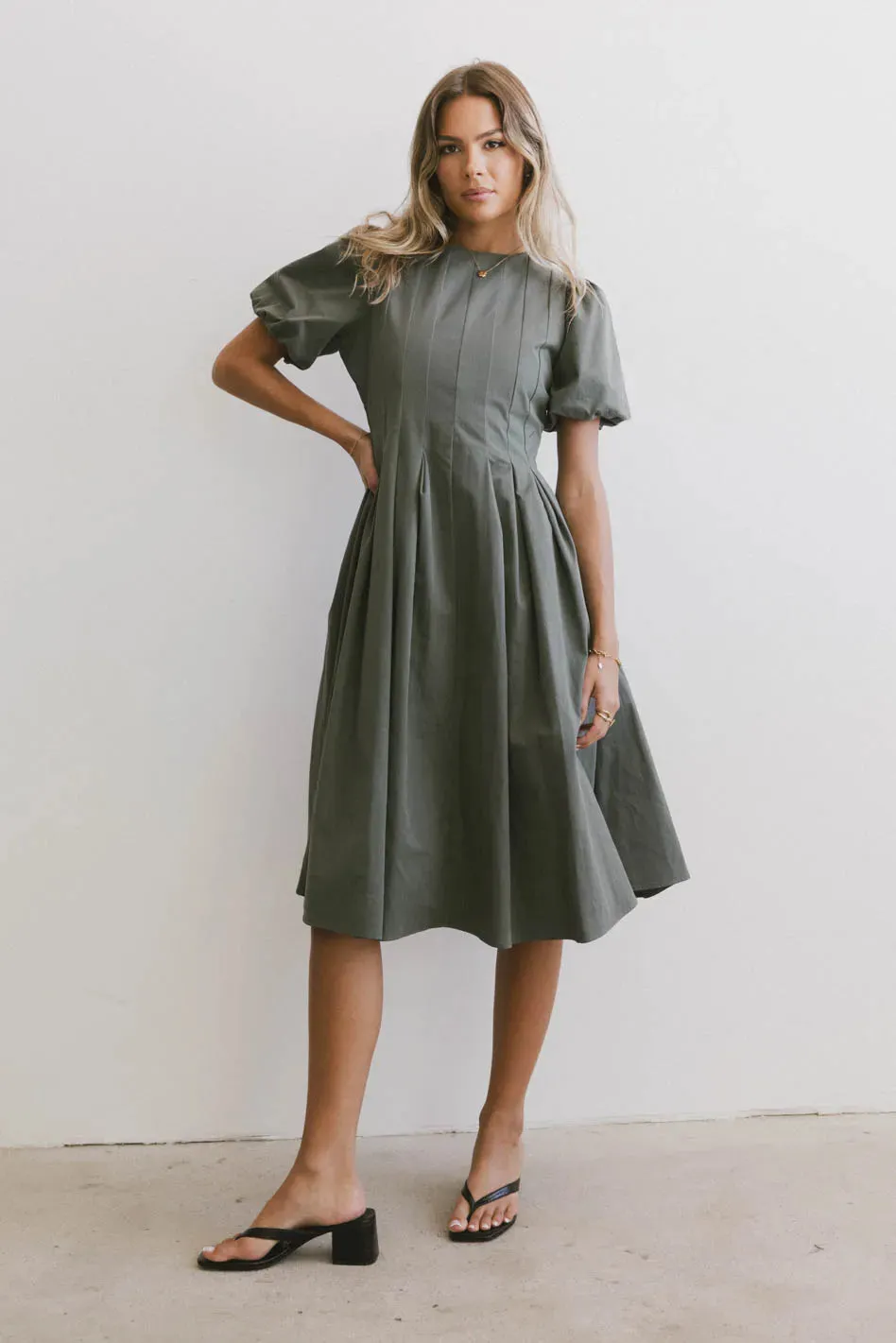 Eliana Pleated Midi Dress in Sage