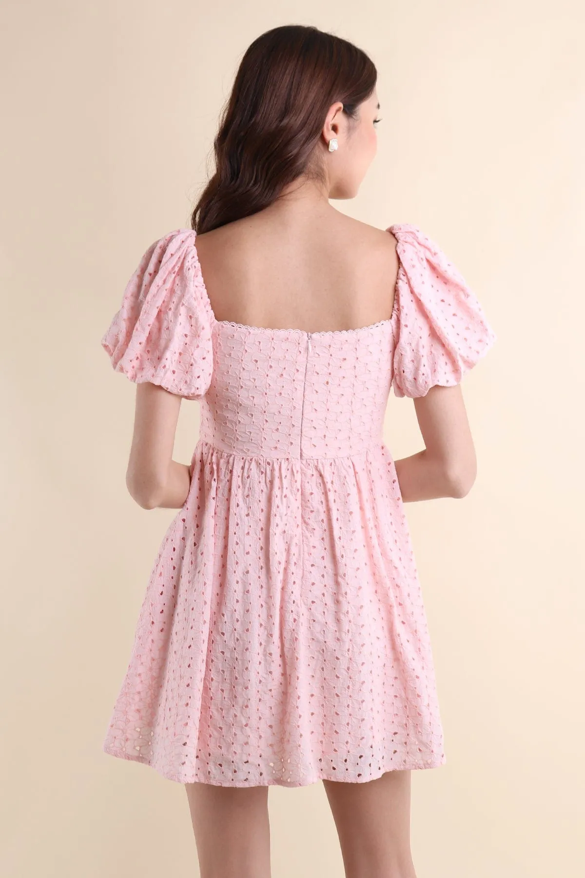 EMBER PUFF SLEEVES EYELET DRESS IN PINK