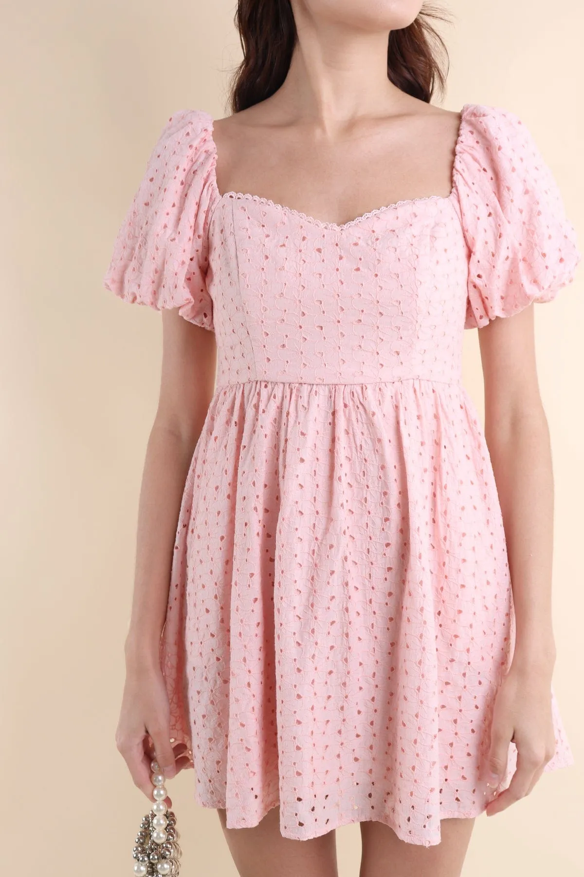 EMBER PUFF SLEEVES EYELET DRESS IN PINK