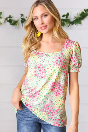 Explore More Collection - Canary/Mint Floral Square Neck Bubble Sleeve Top