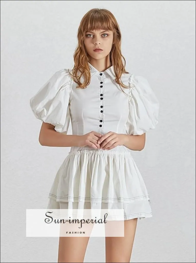 Lidia Dress - Casual White Dress for Women Lapel Collar Puff Short Sleeve High Waist Button Mini