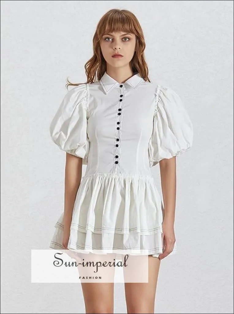 Lidia Dress - Casual White Dress for Women Lapel Collar Puff Short Sleeve High Waist Button Mini