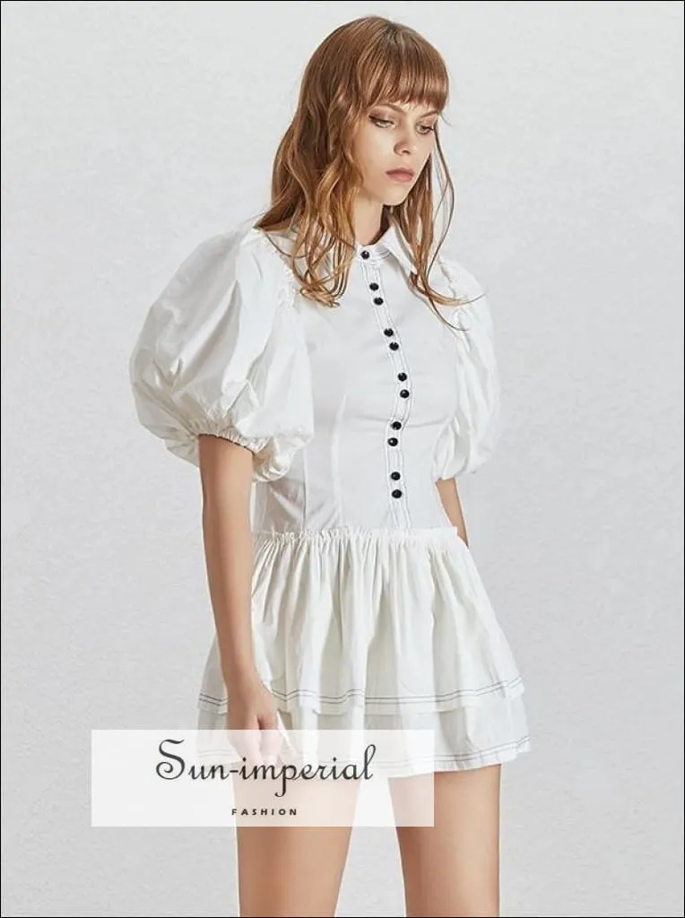 Lidia Dress - Casual White Dress for Women Lapel Collar Puff Short Sleeve High Waist Button Mini