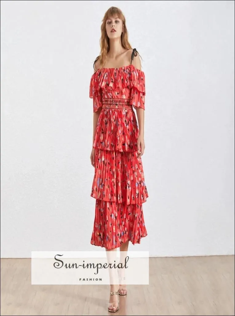 Lird Dress - Red Vintage Floral Print Midi Dress off Shoulder Tie Strap Ruffles Dress