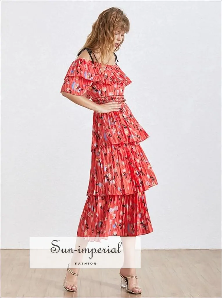 Lird Dress - Red Vintage Floral Print Midi Dress off Shoulder Tie Strap Ruffles Dress