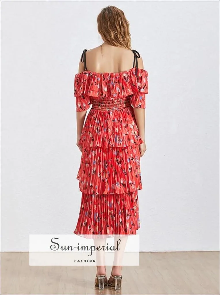 Lird Dress - Red Vintage Floral Print Midi Dress off Shoulder Tie Strap Ruffles Dress