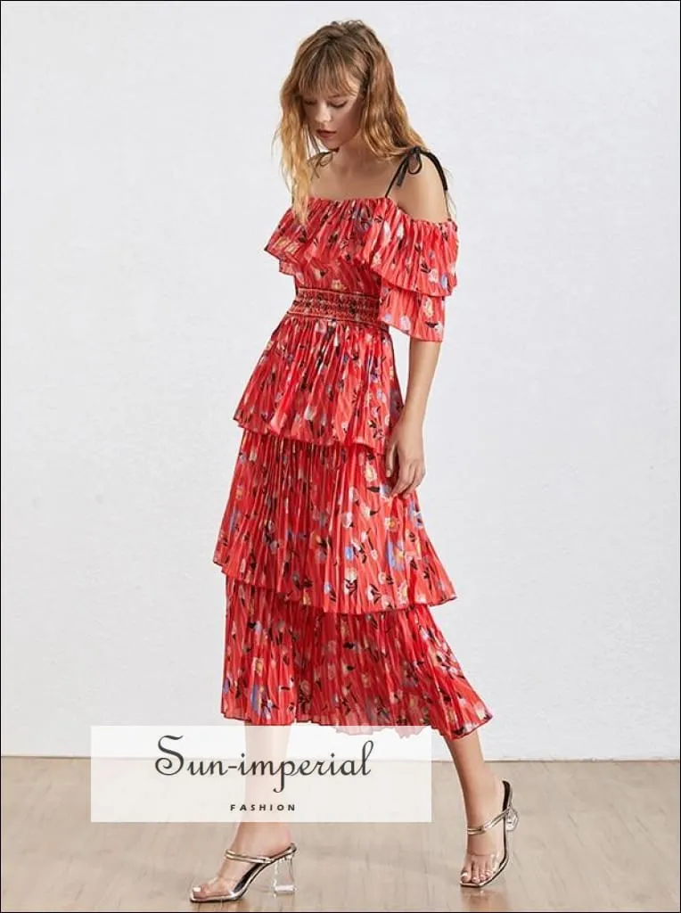 Lird Dress - Red Vintage Floral Print Midi Dress off Shoulder Tie Strap Ruffles Dress